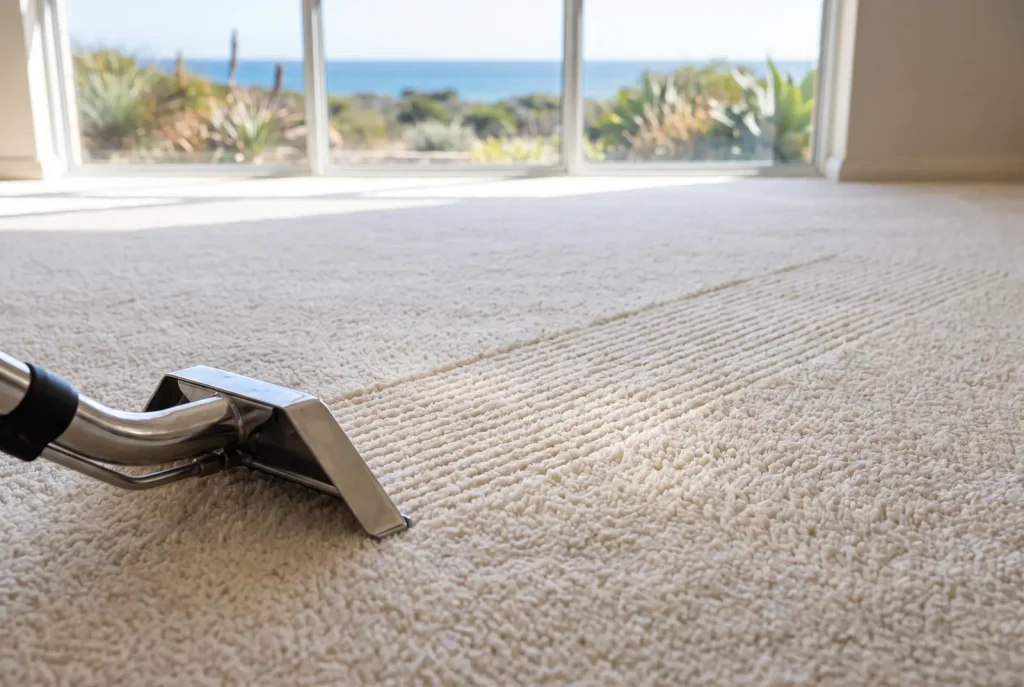 Close-up of freshly cleaned plush carpet fibres with grooming lines by carpet cleaning service in Mandurah