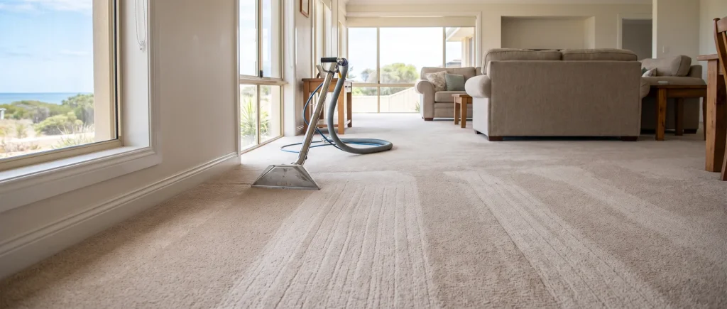 Freshly steam-cleaned carpet with crisp vacuum lines in a Mandurah living room by Estuary Carpet Cleaning