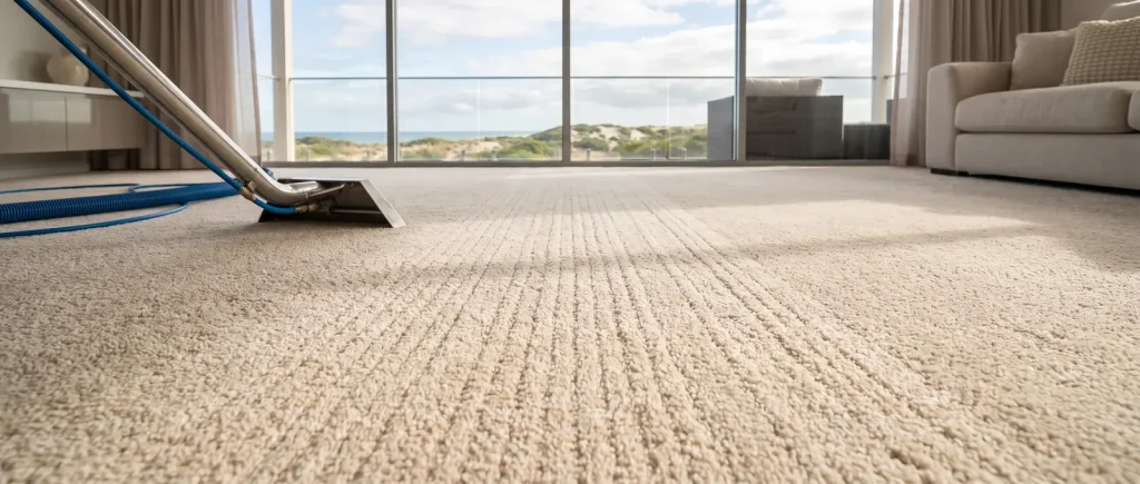 Freshly steam-cleaned spotless cream carpet with grooming lines from Mandurah carpet cleaning service