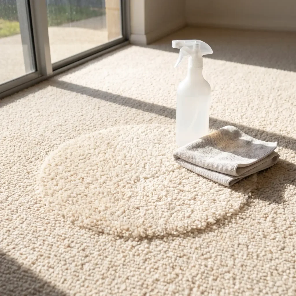 Stain-free cream carpet after professional stain removal in Mandurah with spot-treatment spray and cloth