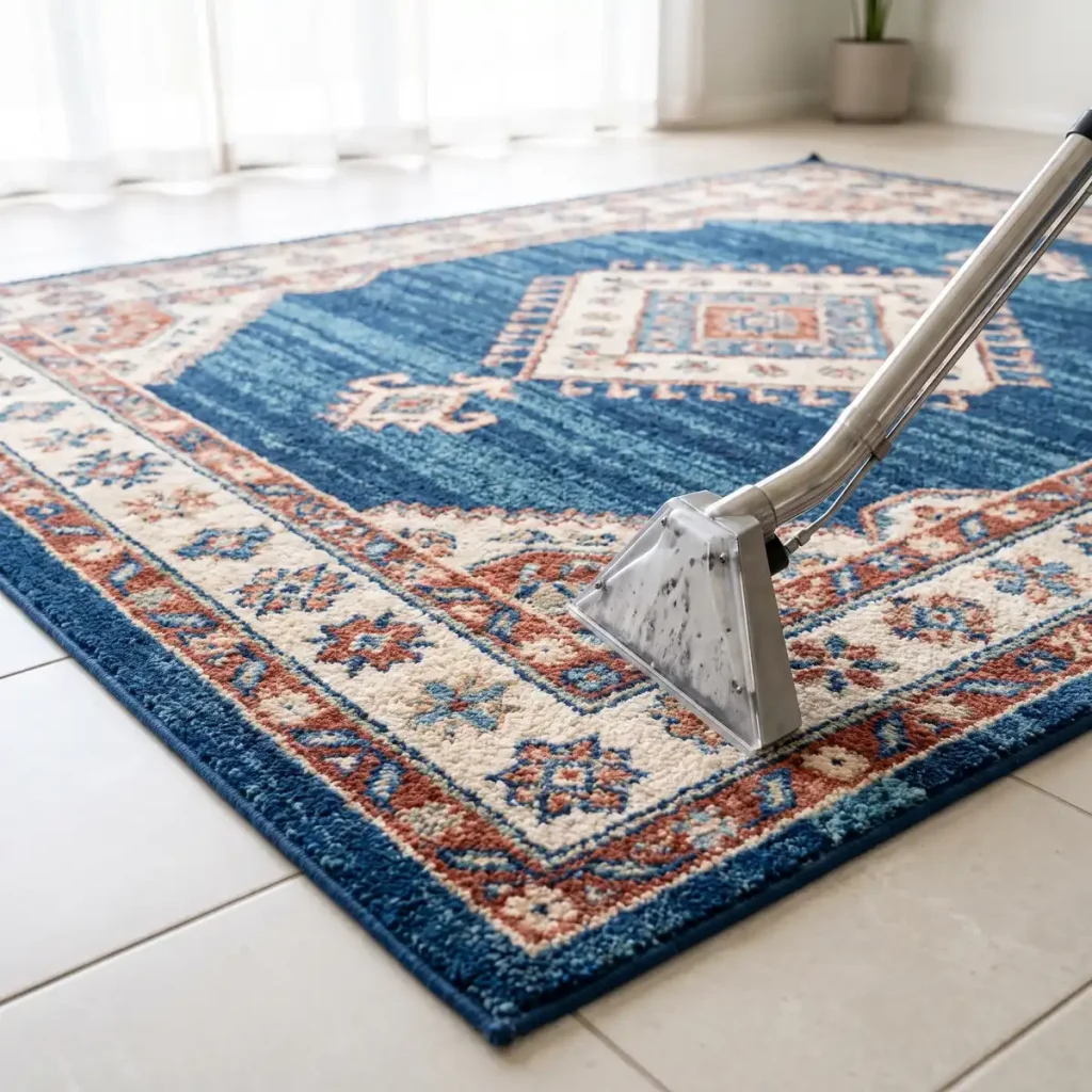 Freshly cleaned vibrant area rug with cleaning wand, professional rug cleaning in Mandurah