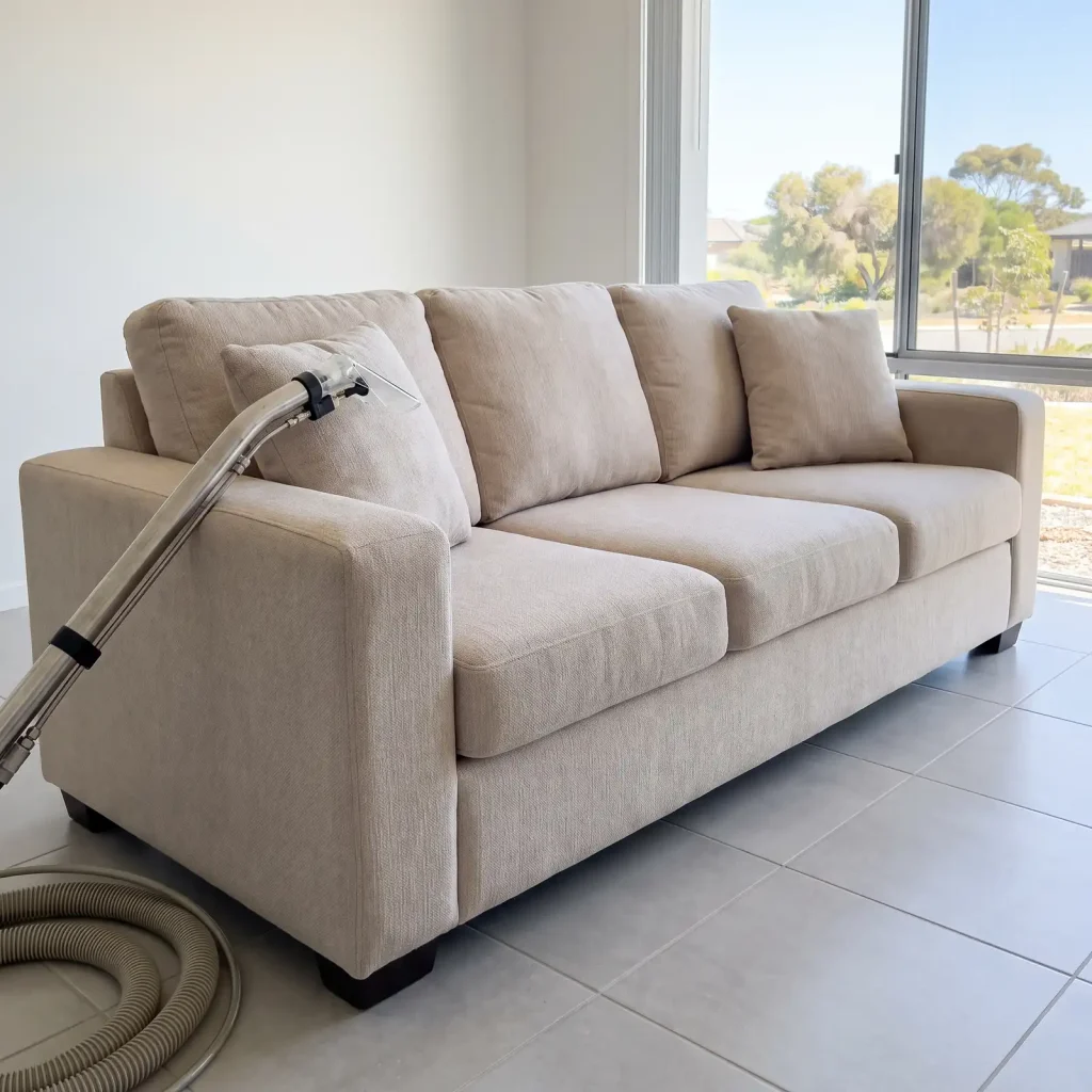 Freshly cleaned beige fabric sofa from upholstery cleaning service in Mandurah with cleaning wand