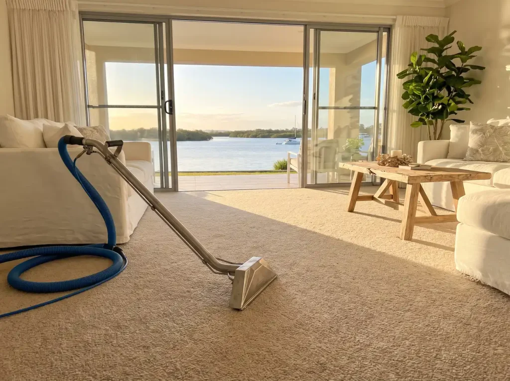 Freshly cleaned coastal carpet with cleaning wand near Mandurah estuary view