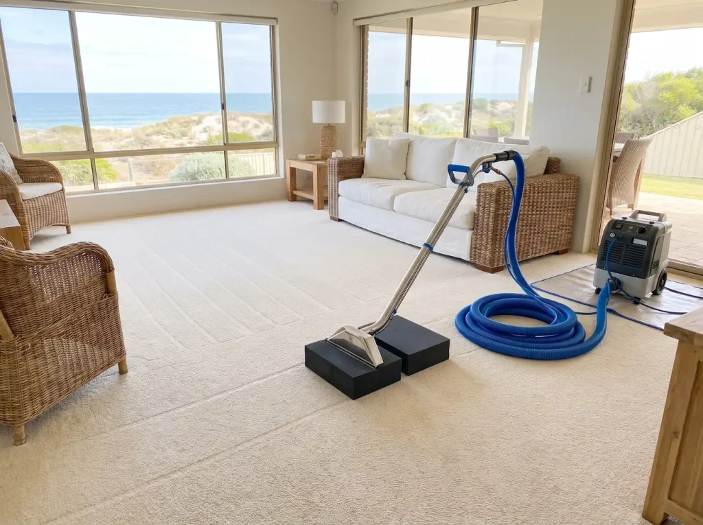 Freshly cleaned cream carpet with tidy carpet cleaning wand in a Mandurah coastal home living room