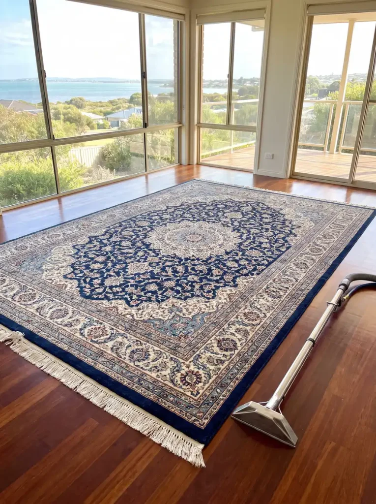 Freshly cleaned vibrant area rug with cleaning wand, rug cleaning service in Mandurah