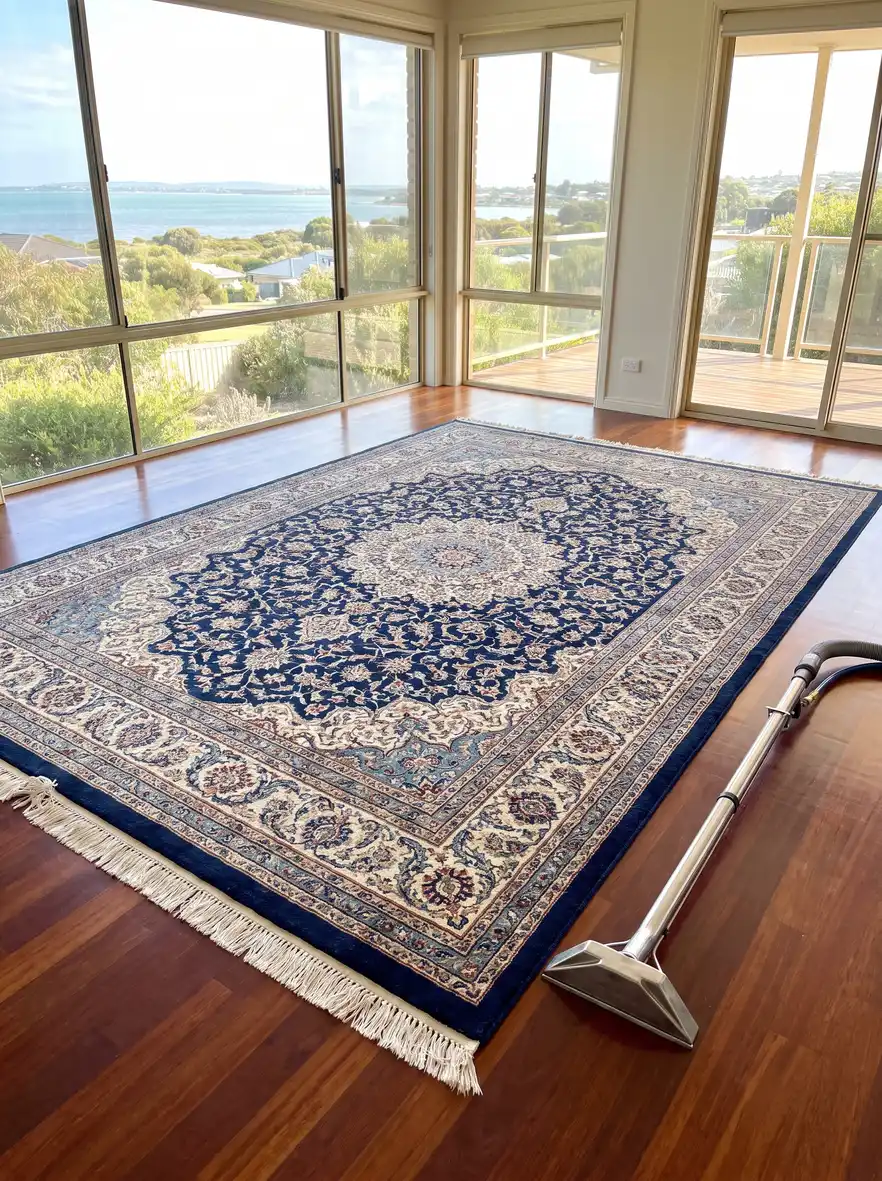 Freshly cleaned vibrant area rug with cleaning wand, rug cleaning service in Mandurah