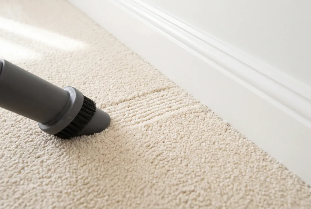 Cleaned carpet edge meeting white skirting board after professional carpet cleaning in Mandurah