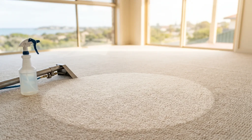 Spotless carpet after professional stain removal in Mandurah with extraction wand and spot treatment nearby