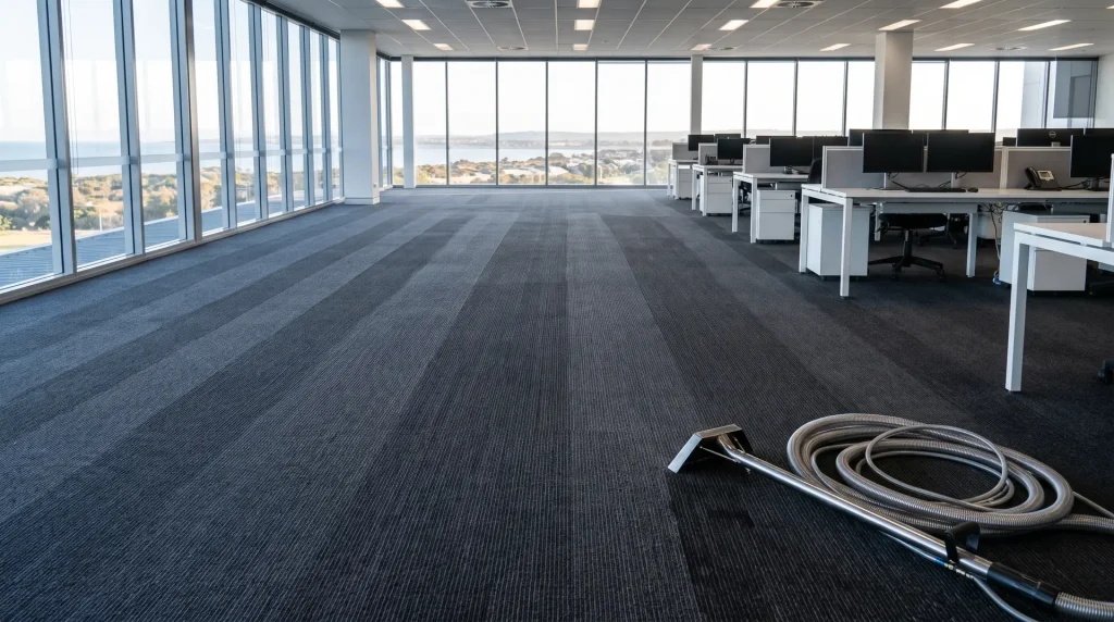 Freshly cleaned commercial office carpet with grooming lines and cleaning wand in Mandurah