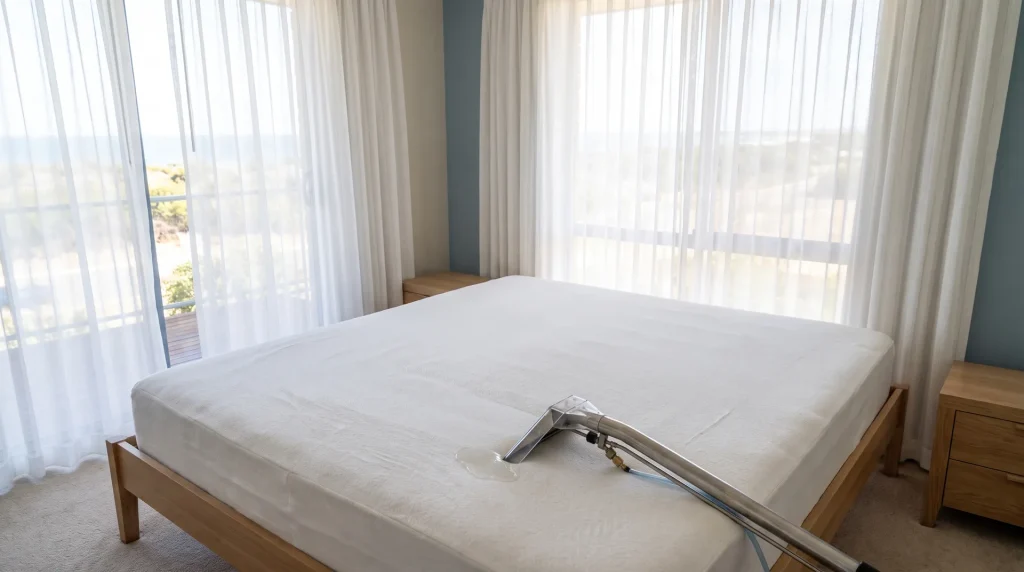 Freshly cleaned spotless mattress with upholstery extraction wand in a Mandurah bedroom