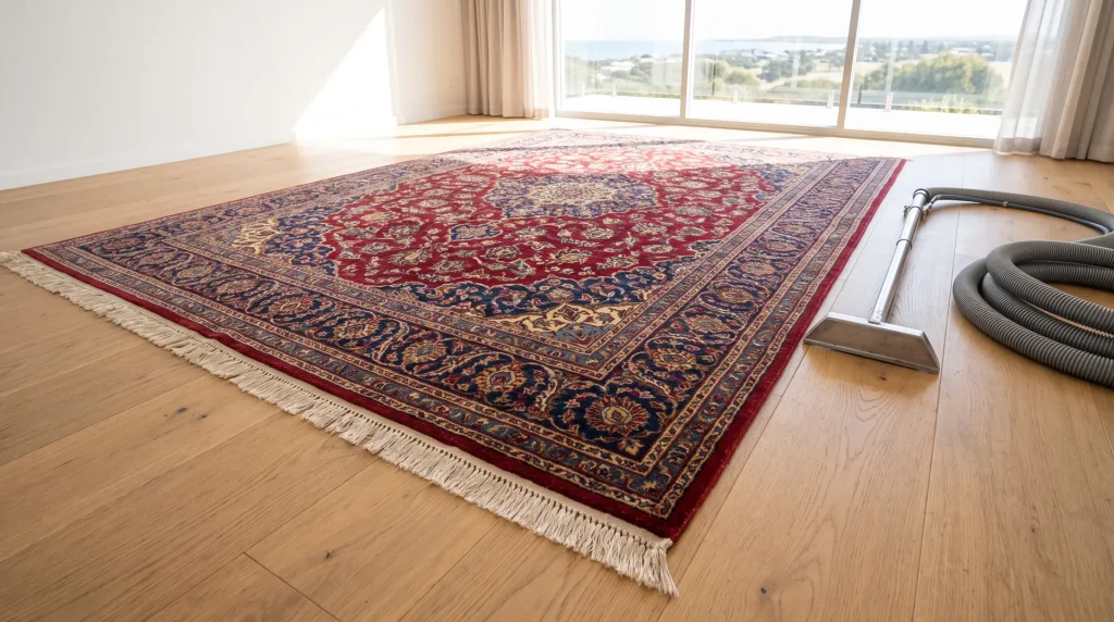 Freshly restored Persian rug after professional rug cleaning in Mandurah with cleaning wand resting nearby