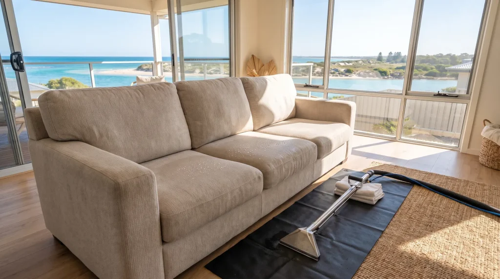 Freshly cleaned fabric sofa with upholstery cleaning wand in a Mandurah living room