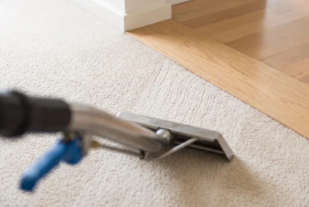 Stain removal edge detail on clean cream carpet by Estuary Carpet Cleaning in Mandurah
