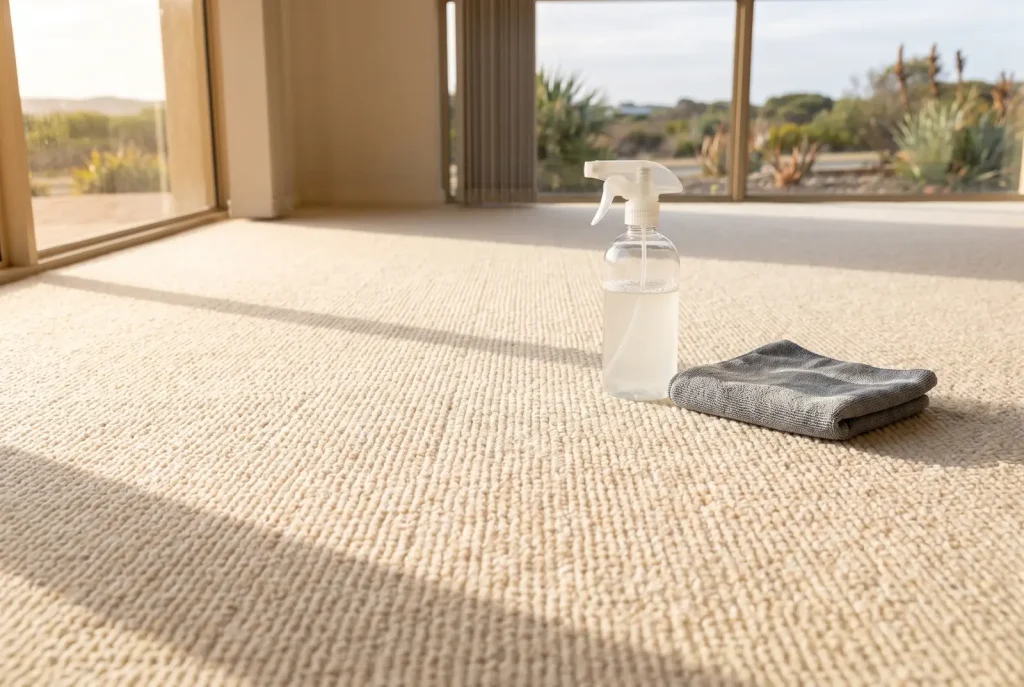 Spotless carpet after stain removal with spray tool resting beside it in Mandurah