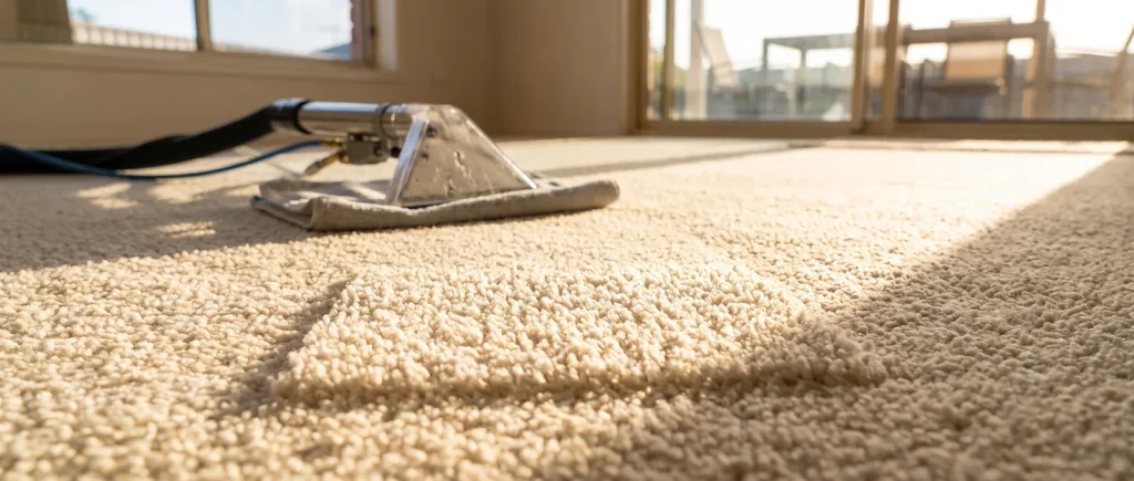 Spotless stain-free cream carpet after professional stain removal in Mandurah, extraction wand resting nearby