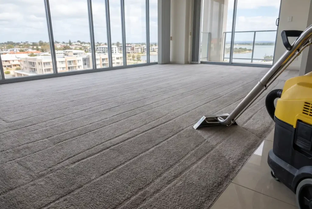 Commercial carpet cleaning result with professional wand on spotless office carpet in Mandurah