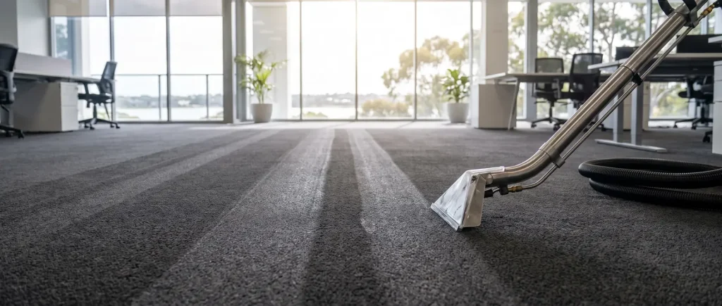 Spotless commercial office carpet after professional cleaning in Mandurah with extraction wand and crisp vacuum lines