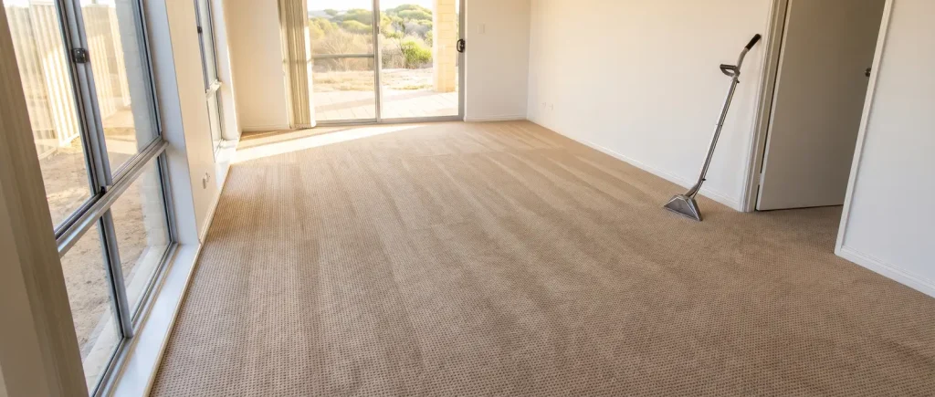 Spotless end of lease carpet cleaning result across an empty Mandurah rental room with fresh vacuum lines