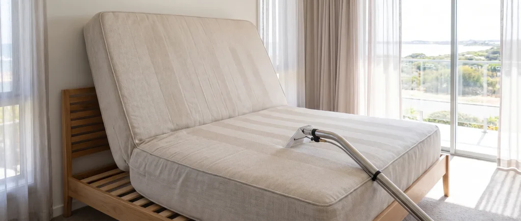 Freshly cleaned spotless mattress with upholstery wand in a bright Mandurah bedroom carpet cleaning service