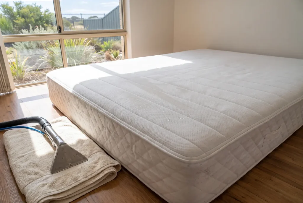 Freshly cleaned spotless mattress with upholstery cleaning wand from Mandurah carpet cleaning service
