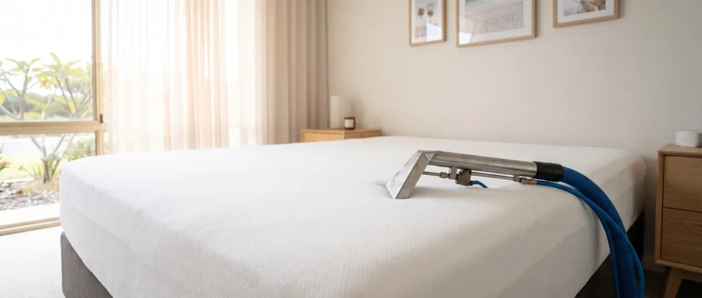 Spotless freshly steam-cleaned mattress with cleaning wand, professional mattress cleaning in Mandurah WA