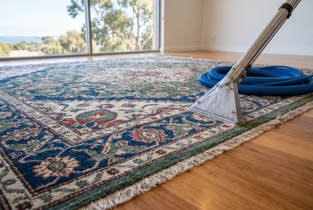 Freshly cleaned wool rug showing revived pile and texture, professional rug cleaning in Mandurah WA