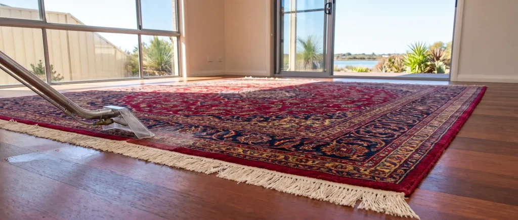 Freshly cleaned Persian rug with restored colours on timber floor, professional rug cleaning in Mandurah