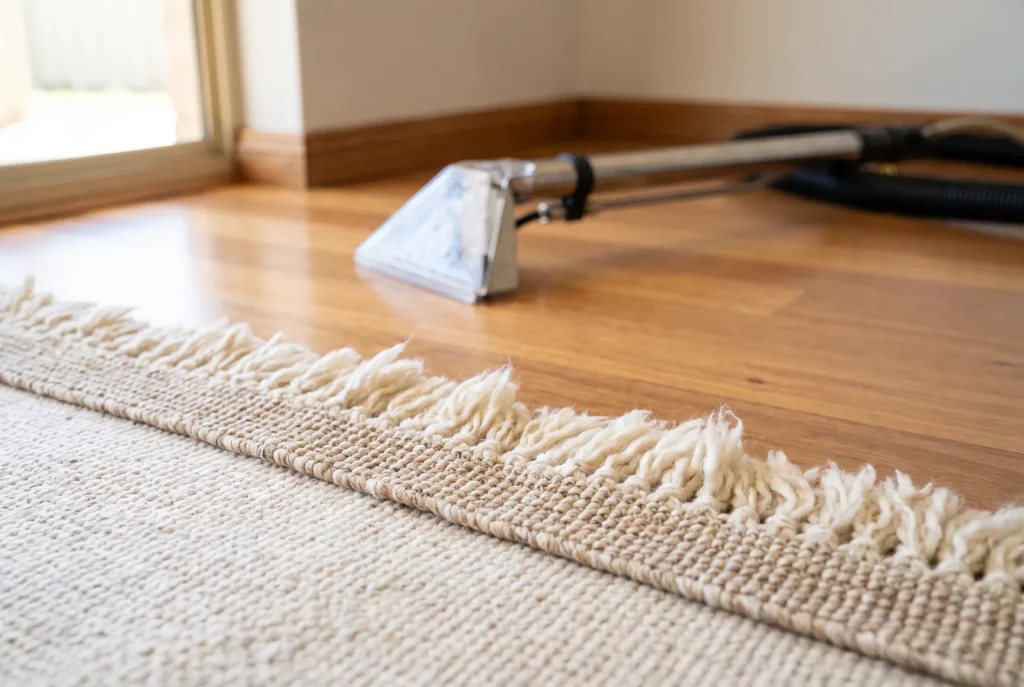 Detail of professionally cleaned rug edge and seam by Estuary Carpet Cleaning in Mandurah