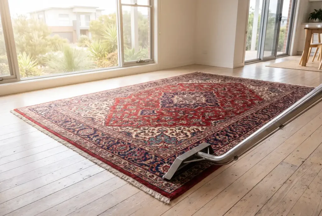 Spotless freshly cleaned wool rug with cleaning wand beside it, rug cleaning service in Mandurah