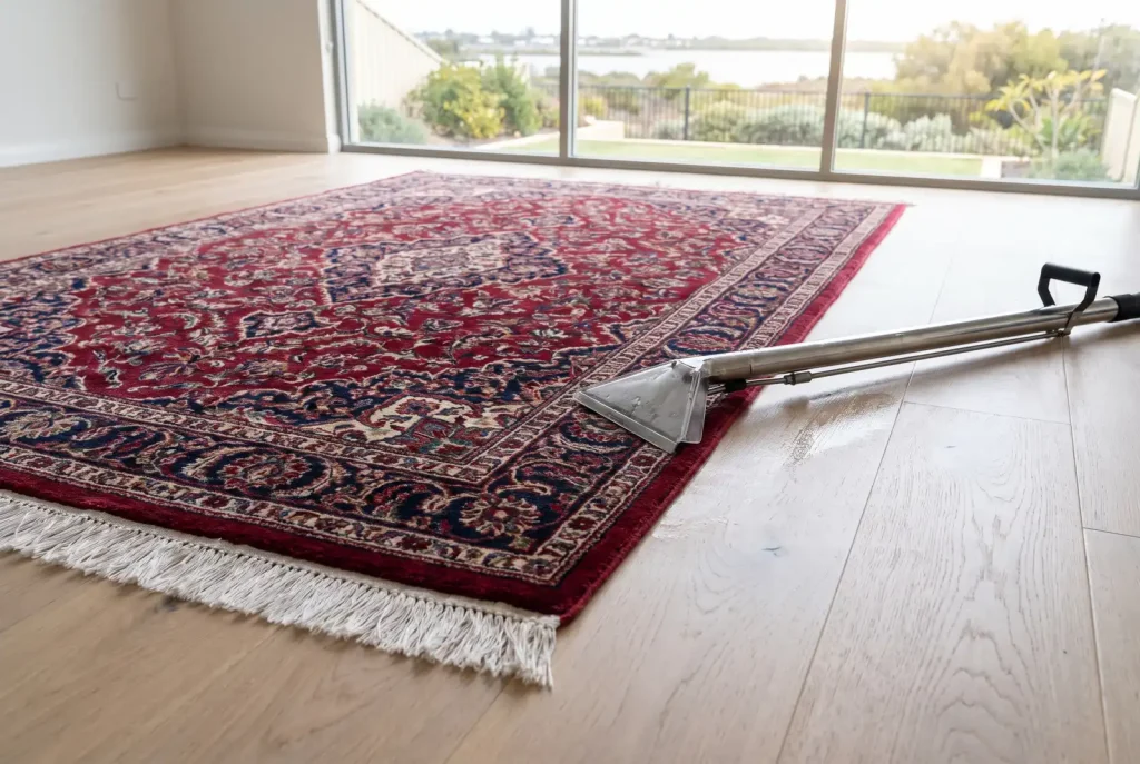 Freshly cleaned ornate wool rug with cleaning wand, rug cleaning service in Mandurah