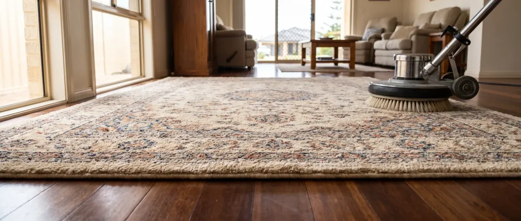 Spotless freshly cleaned rug with professional cleaning tool, rug cleaning service in Mandurah