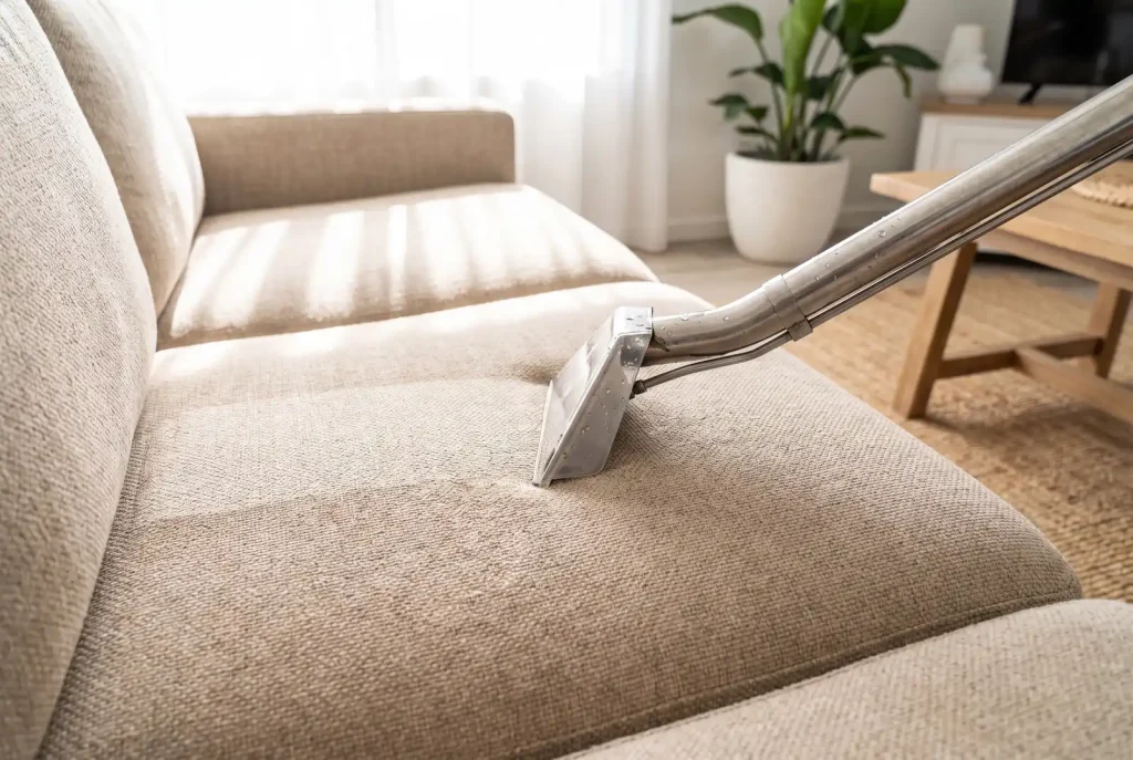 Freshly cleaned fabric sofa upholstery with cleaning wand, Mandurah upholstery cleaning result