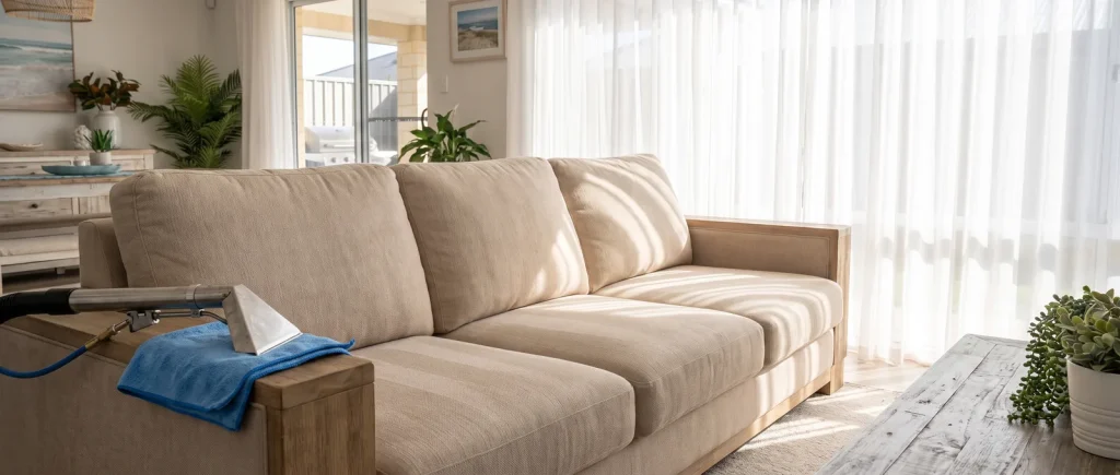 Freshly cleaned fabric sofa upholstery in a Mandurah lounge after professional upholstery cleaning