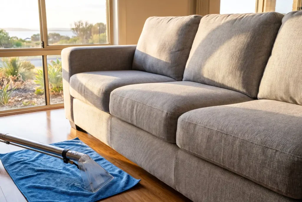 Spotless cleaned grey fabric sofa with upholstery cleaning wand in Mandurah