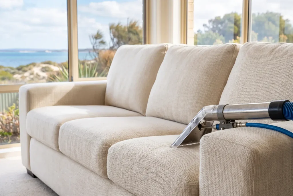 Freshly cleaned cream fabric sofa with upholstery cleaning wand, professional upholstery cleaning in Mandurah