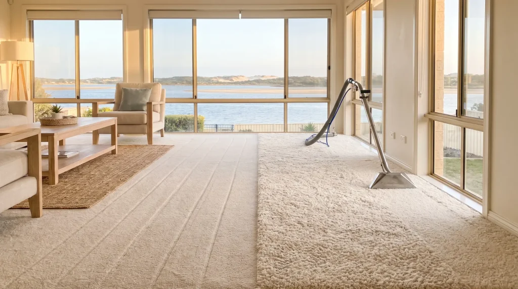 Freshly cleaned plush cream carpet with vacuum lines in a sunlit Mandurah living room by Estuary Carpet Cleaning