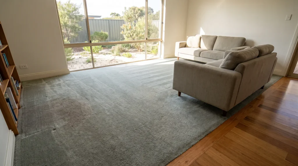 Freshly cleaned living room carpet with restored colour in a sunlit Mandurah home by Estuary Carpet Cleaning