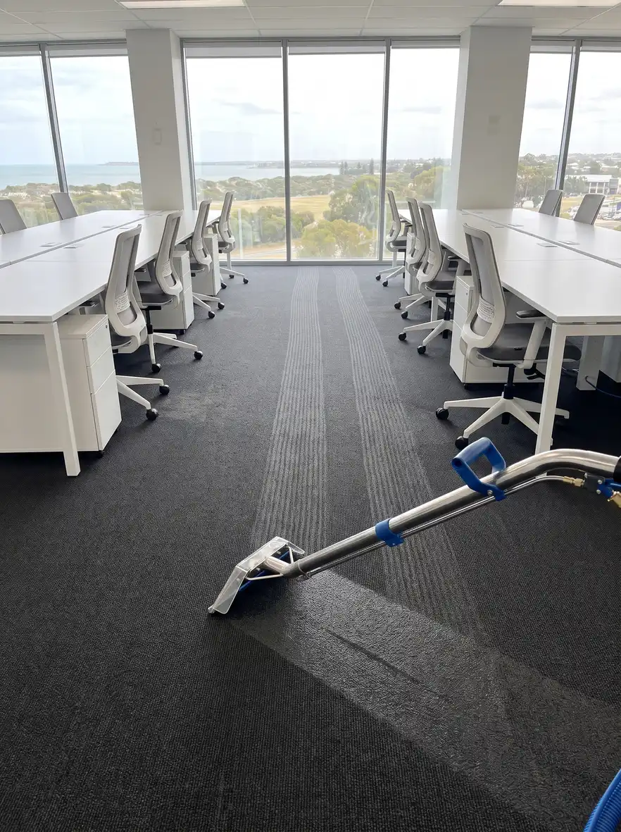 Freshly cleaned commercial office carpet with vacuum lines and cleaning wand in Mandurah