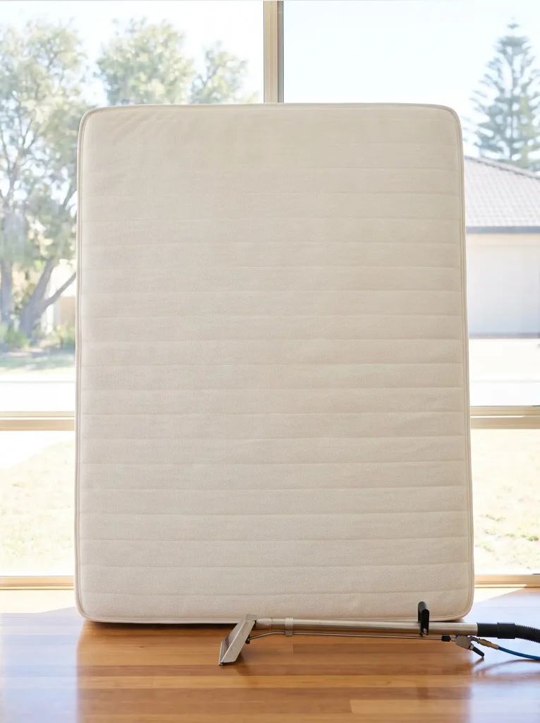 Freshly cleaned spotless mattress with upholstery cleaning wand, mattress cleaning service in Mandurah